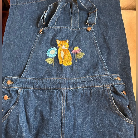 Modcloth Princess Highway Embroidered Cat Denim Overalls Sz 14 NWOT - Picture 6 of 7